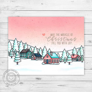 Sunny Studio May the Miracle of Christmas Fill You with Joy Pink Sky House Holiday Card using Inside Greetings Clear Stamps