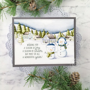 Sunny Studio A Season of Joy, Cheer & A Wonderful Year! Snowman Holiday Christmas Card using Winter Scenes 4x6 Clear Stamps