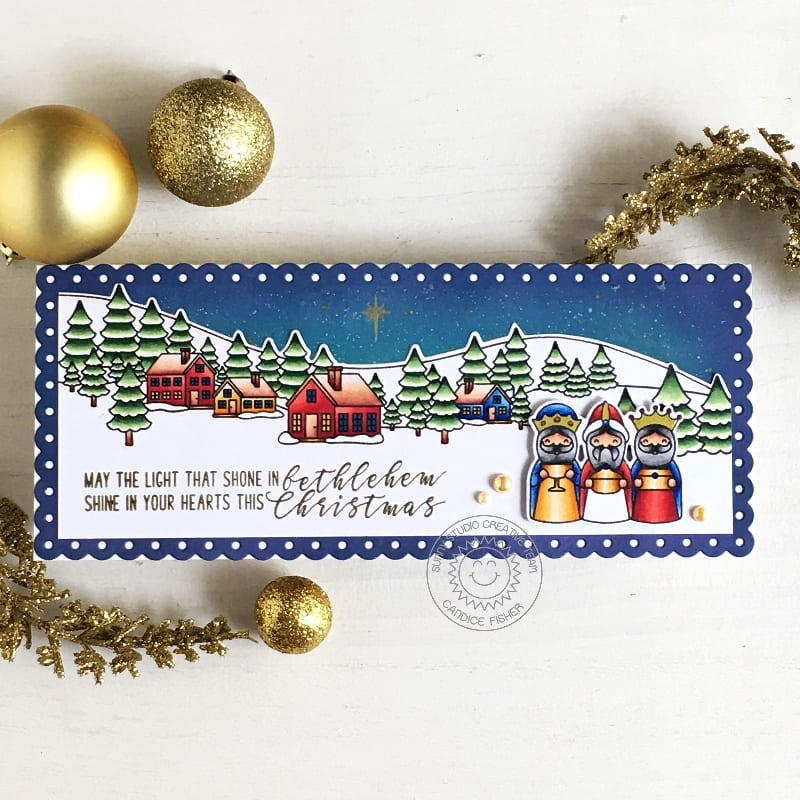 Sunny Studio Bethlehem Light Shine in Your Hearts Wise Men Religious Slimline Christmas Card using Winter Scenes Clear Stamp