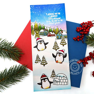 Sunny Studio Penguin Slimline Winter Holiday Christmas Card with Neighborhood House Border using Winter Scenes Clear Stamps
