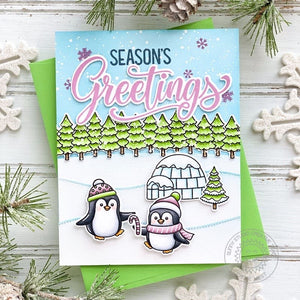Sunny Studio Season's Greetings Penguin Holiday Christmas Card with Fir Tree Border (using Winter Scenes 4x6 Clear Stamps)