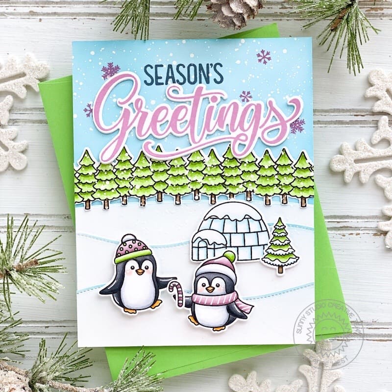 Sunny Studio Pastel Penguin Winter Holiday Christmas Card (using Season's Greetings Clear Sentiment Stamps)