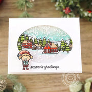 Sunny Studio Seasons Greetings Elf At The North Pole Handmade Holiday Christmas Shaker Card using Winter Scenes Clear Stamps