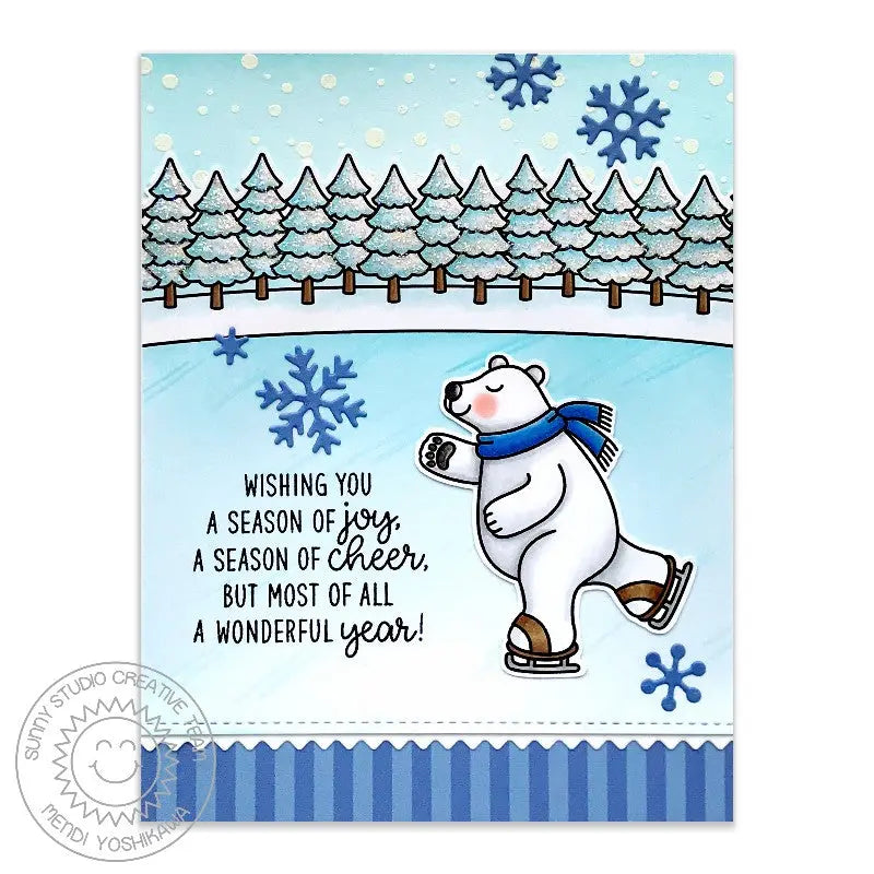 Sunny Studio Ice Skating Polar Bear Blue & White Winter Holiday Christmas Card (using Frosty Flurries Mini Snowy Background Stamps)