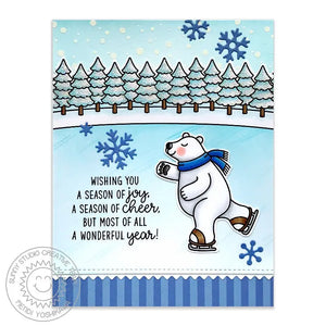 Sunny Studio Ice Skating Polar Bear Blue & White Winter Holiday Christmas Card (using Frosty Flurries Mini Snowy Background Stamps)