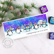 Sunny Studio It's Penguining To Look A Lot Like Christmas Punny Slimline Winter Holiday Card (using Penguin Pals 4x6 Clear Stamps)
