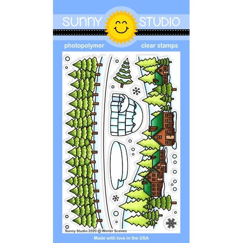 Sunny Studio Stamps Winter Scenes Fir Tree, Houses, Log Cabin Border, Igloo, Ice Block and Snowflakes 4x6 Clear Photopolymer Stamp Set