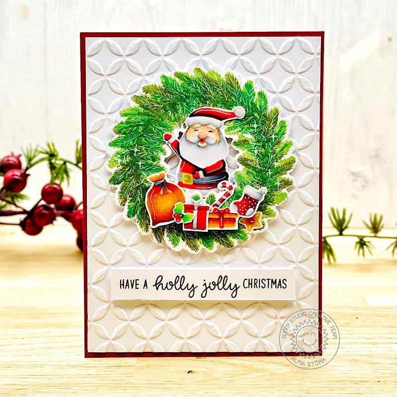 Sunny Studio Santa Holly Jolly Christmas Holiday Wreath Embossed Card (using Moroccan Circles 6x6 Embossing Folder)