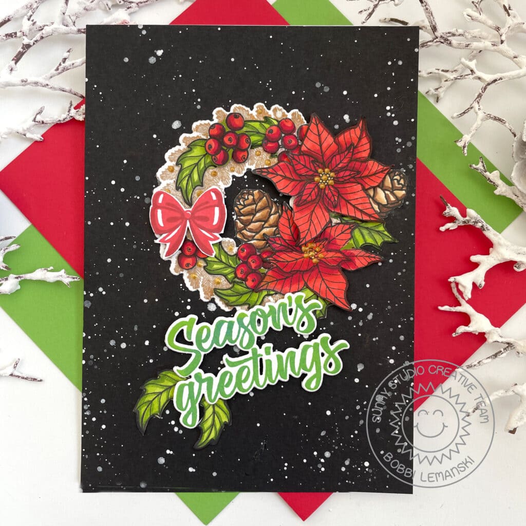 Sunny Studio Season's Greetings Holiday Poinsettia Pinecone Wreath Christmas Card (using Winter Wreaths Clear Stamps)