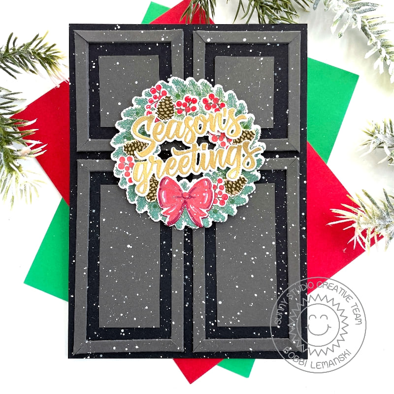 Sunny Studio Stamps Season's Greetings Snowy Front Door Holiday Christmas Card (using Winter Wreaths 4x6 Clear Stamps)