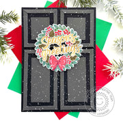 Sunny Studio Stamps Season's Greetings Snowy Front Door Christmas Wreath Card (using Holiday Greetings 4x6 Clear Stamps)
