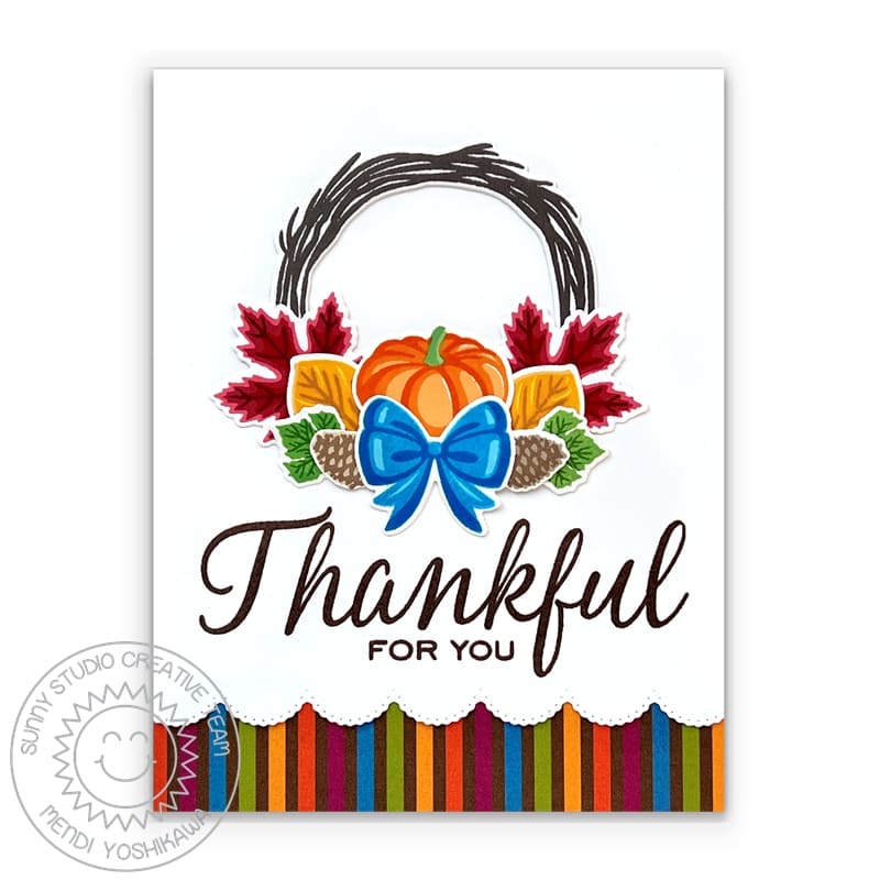 Sunny Studio Thankful For You Pumpkin & Leaves Fall Vine Wreath Card (using Crisp Autumn Clear Layering Stamps)