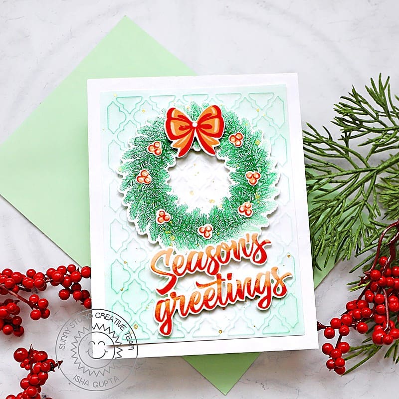 Sunny Studio Season's Greetings Berries & Red Bow Christmas Wreath Card (using Holiday Greetings Sentiment Clear Stamps)