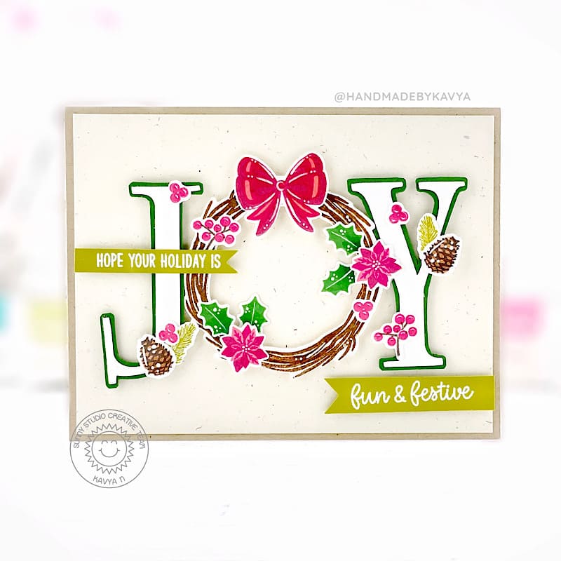 Sunny Studio Fun & Festive Holiday JOY Holly & Poinsettia Wreath Christmas Card by Kavya (using Winter Wreaths Clear Stamps)