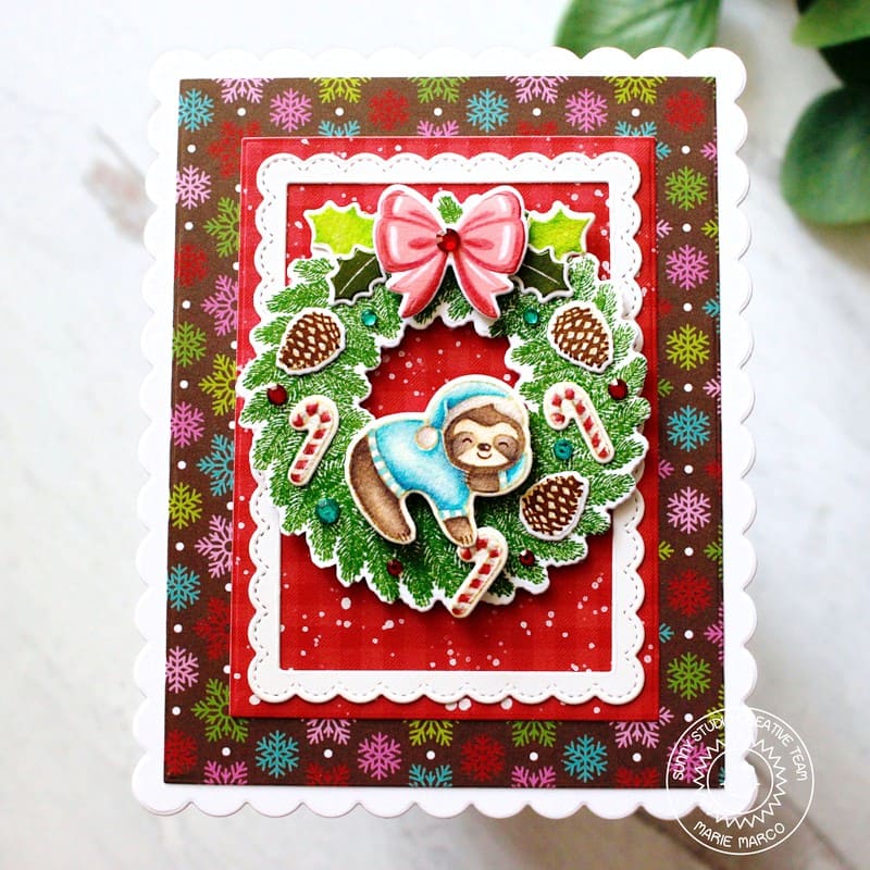 Sunny Studio Sloth Hanging From Christmas Wreath Scalloped Snowflake Holiday Card (using Lazy Christmas 3x4 Clear Stamps)