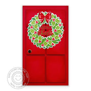 Sunny Studio Christmas Cheer Red Door with Holly & Fir Bough Wreath Holiday Card (using Winter Wreath 4x6 Clear Stamps)