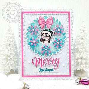 Sunny Studio Penguin in Pink Holiday Wreath Wood Embossed Scalloped Christmas Card (using Woodgrain 6x6 Embossing Folder)