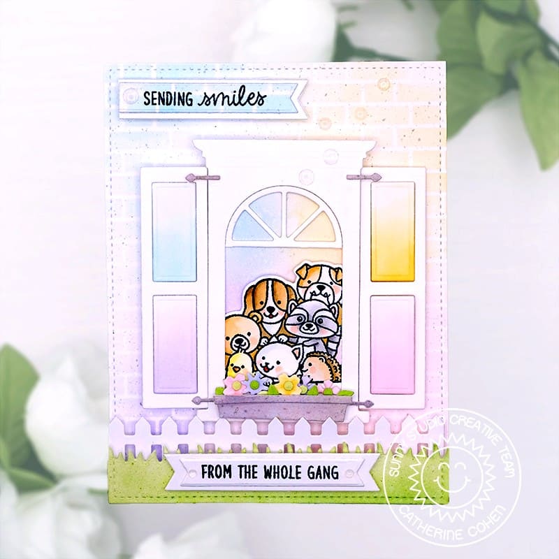 Sunny Studio Stamps Critters Looking Out Window Sending Smiles From The Whole Gang Card (using Wonderful Windows Dies)