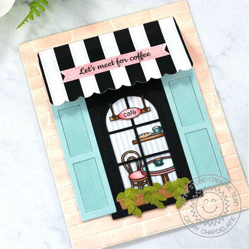 Sunny Studio Cafe Window Card with Shutters, Awning, Table & Chairs Friendship Card (using Paris Afternoon 4x6 Clear Stamps)