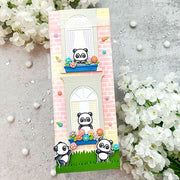Sunny Studio Panda Bears Peeking Out of Windows with Spring Flowers Slimline Card (using Panda Party 4x6 Clear Stamps)