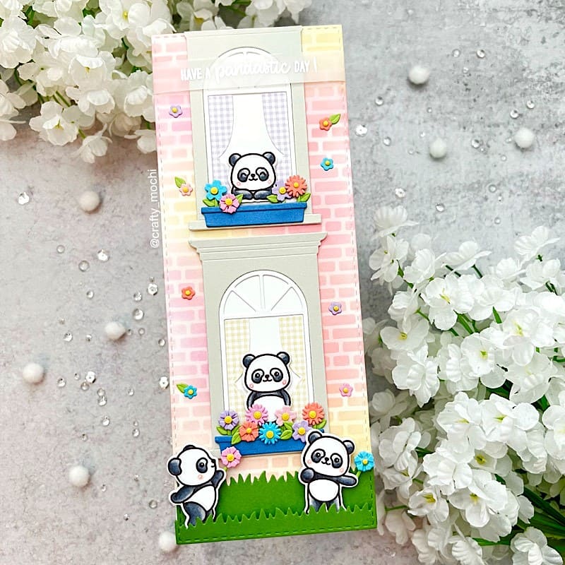 Sunny Studio Panda Bears Peeking Out of Windows with Spring Flowers Slimline Card (using Panda Party 4x6 Clear Stamps)