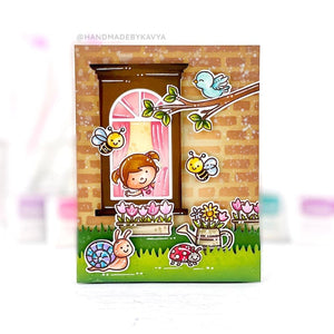 Sunny Studio Girl Looking Out Spring Window with Bugs, Birds & Flowers Card (using Wonderful Windows Cutting Dies)