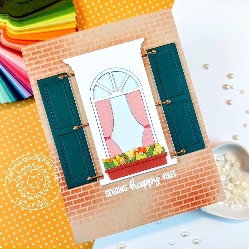 Sunny Studio Brick House Window with Curtains, Shutters & Flower Box Card (using Wonderful Windows Metal Cutting Dies)