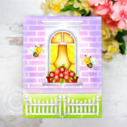 Sunny Studio Stamps Bumble Bees Buzzing Around Window Flower Boxes Card (using Scalloped Fence Metal Cutting Dies)