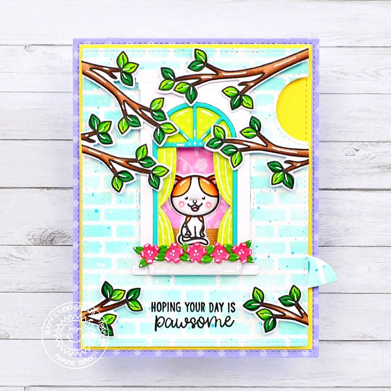 Sunny Studio Kitty Cat Looking Out Spring Window Punny Thinking of You Card (using Wonderful Windows Metal Cutting Dies)