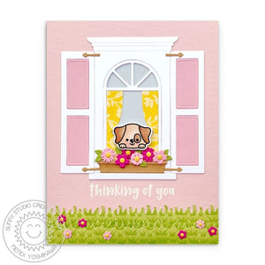 Sunny Studio Puppy Dog Looking Out Window Spring Thinking of You Card (using Wonderful Windows Metal Cutting Dies)