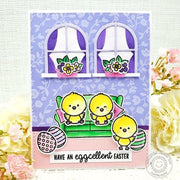 Sunny Studio Chicks in Living Room with Windows & Easter Eggs Puppy Card (using Chickie Baby 4x6 Clear Stamps)