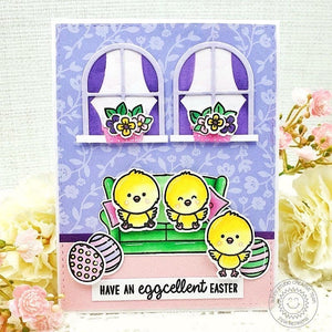 Sunny Studio Chicks in Living Room with Windows & Easter Eggs Puppy Card (using Chickie Baby 4x6 Clear Stamps)