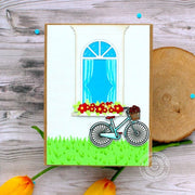 Sunny Studio House Window with Curtains, Flower Box & Bicycle Card (using Paris Afternoon 4x6 Clear Stamps)