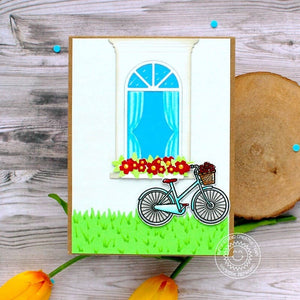 Sunny Studio Stamps House Window with Curtains, Flower Box & Bicycle Card (using Wonderful Windows Metal Cutting Dies)