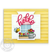 Sunny Studio Bumblebee with Watering Can & Flower Box Spring Window Hello Card (using Garden Critters Clear Stamps)