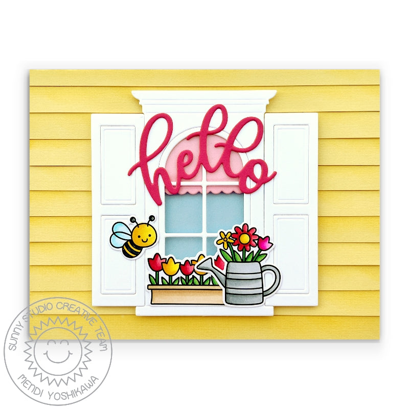 Sunny Studio Bumblebee with Watering Can & Flower Box Spring Window Hello Card (using Garden Critters Clear Stamps)