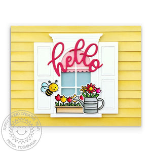 Sunny Studio Bumblebee with Watering Can & Flower Box Spring Hello Card (using Wonderful Windows Metal Cutting Dies)