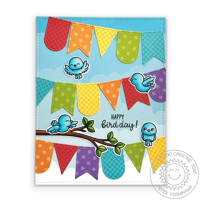 Sunny Studio Stamps Rainbow Happy Bird-day Punny Birthday Banner Card (using stitched Wonky Windows Metal Cutting Dies)