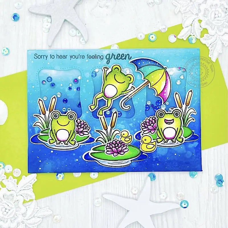 Sunny Studio Sorry To Hear You're Feeling Green Frog Get Well Soon Shaker Card (using Froggy Friends 4x6 Clear Stamps)