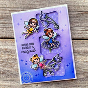 Sunny Studio Lavender Fairies with Flowers & Stitched Row of Windows Birthday Card (using Garden Fairy 4x6 Clear Stamps)