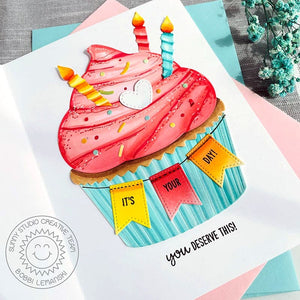 Sunny Studio Stamps Cupcake with Candles and Banner Die-cuts Birthday Card (using Cupcake Shape Metal Cutting Dies)