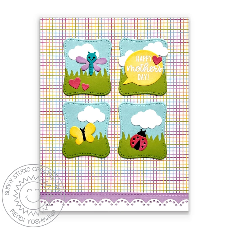 Sunny Studio Stamps Dragonfly, Butterfly & Ladybug Grid-style Mother's Day Card (using Wonky Windows stitched cutting dies)