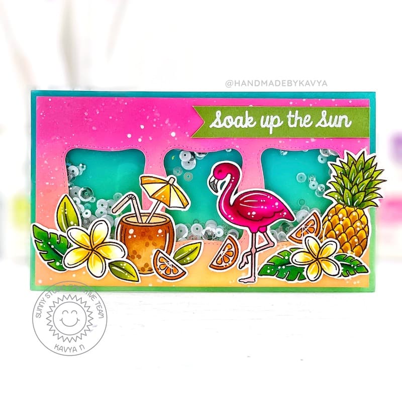 Sunny Studio Stamps Flamingo with Pineapple Tropical Drinks Mini Slimline Shaker Card using Wonky Windows Metal Cutting Dies