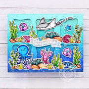 Sunny Studio Punny Fish Ocean Aquarium Window Grid Style Summer Card (using Fintastic Friends 4x6 Clear Stamps)