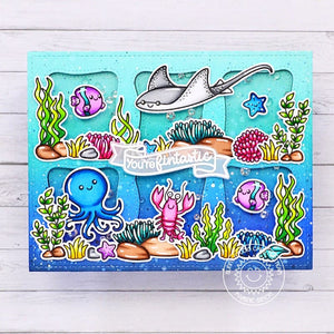 Sunny Studio Stamps You're Fintastic Punny Fish Ocean Aquarium Grid Style Summer Card (using Wonky Windows Stitched Dies)
