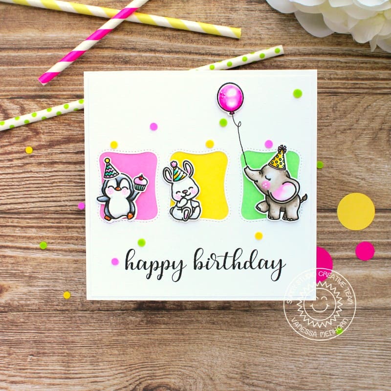 Sunny Studio Penguin, Bunny & Elephant Happy Birthday Square Card (using Everyday Greetings 3x4 Clear Sentiment Stamps)
