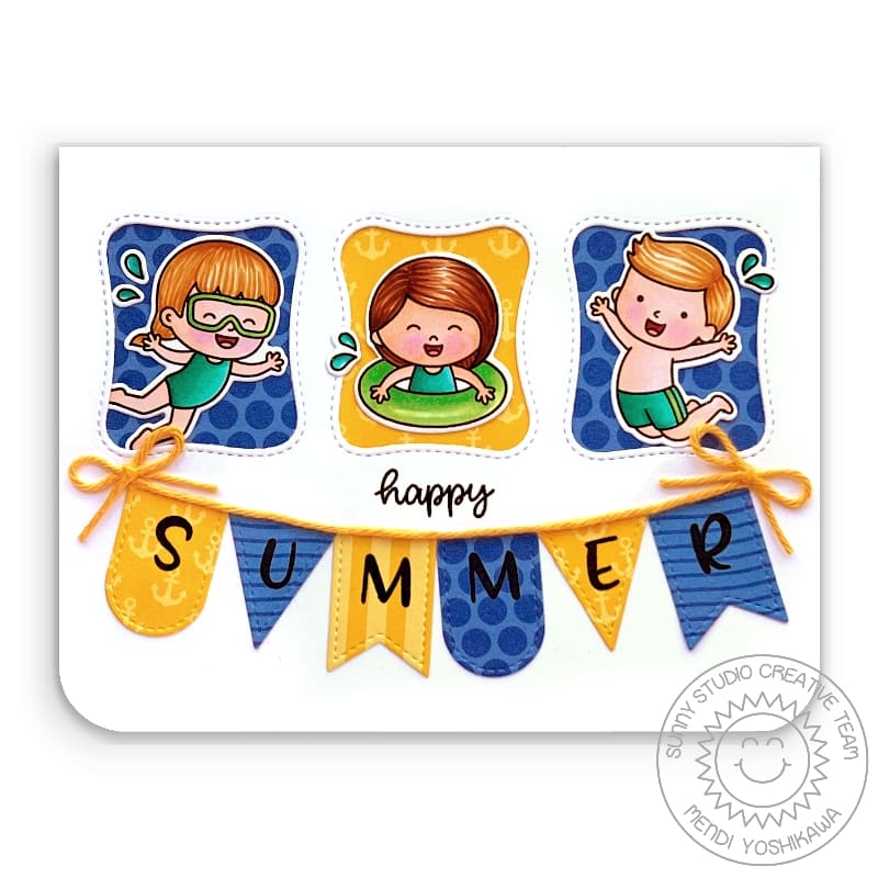 Sunny Studio Happy Summer Kids Splashing & Swimming Yellow & Blue Banner Card (using Kiddie Pool 4x6 Clear Stamps)