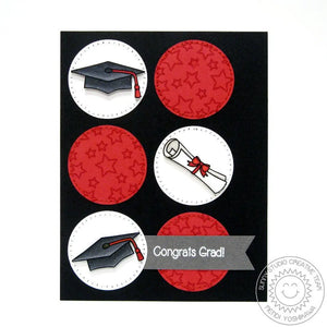 Sunny Studio Stamps Woo Hoo Red, White & Black Stitched Circles Grid Style Graduation Card with Diploma & Mortarboard Cap