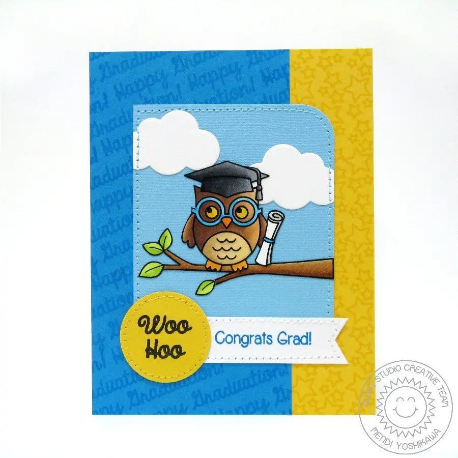 Sunny Studio Stamps Woo Hoo Owl on Tree Branch Wearing Mortarboard Cap Happy Graduation Card