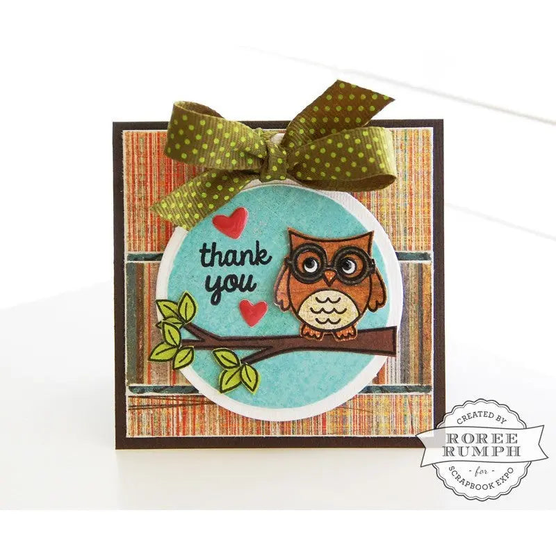 Sunny Studio Owl Small Square Thank You Card Enclosure with Large Ribbon Bow (using Woo Hoo 3x4 Clear Stamps)